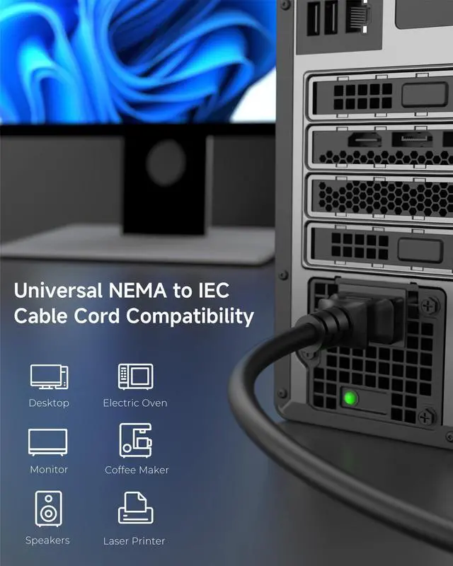 Alt view image 6 of 7 - 2-Pack 16 AWG Heavy Duty 3 Prong Computer Monitor Power Cord in 10 Feet (NEMA 5-15P to IEC C13)