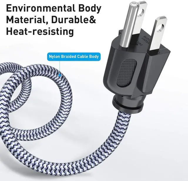 Alt view image 2 of 7 - Power Cord, 3 Prong AC Power Cable 6.6FT(2m) Nylon Braided Replacement 3 Pin Power Cord UL Certified for Computer, TV, Monitor, Printer, PC, Projector, Power Supply Cable