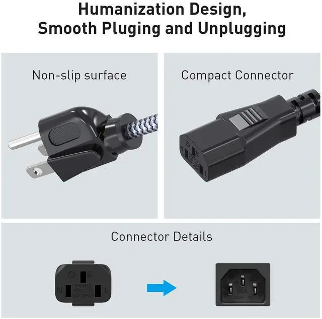 Alt view image 3 of 7 - Power Cord, 3 Prong AC Power Cable 6.6FT(2m) Nylon Braided Replacement 3 Pin Power Cord UL Certified for Computer, TV, Monitor, Printer, PC, Projector, Power Supply Cable