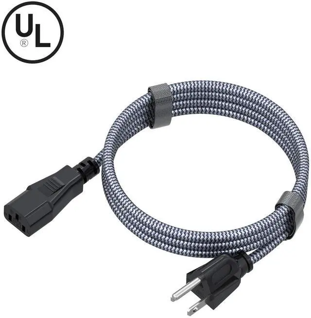 Alt view image 6 of 7 - Power Cord, 3 Prong AC Power Cable 6.6FT(2m) Nylon Braided Replacement 3 Pin Power Cord UL Certified for Computer, TV, Monitor, Printer, PC, Projector, Power Supply Cable
