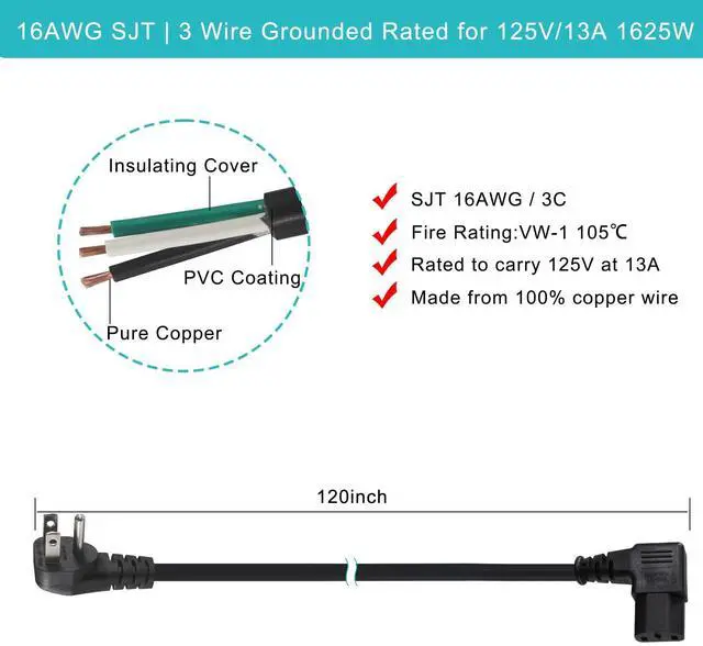 Alt view image 3 of 7 - 90 Degree Computer Power Cord - 10FT Flat Low Profile Angled NEMA 5-15 Plug to IEC C13 Power Cord,Universal PC Power Supply Cord, 16AWG, Black C13 3 Prong Angled AC Power Cord for PC Monitor/TV (10FT)