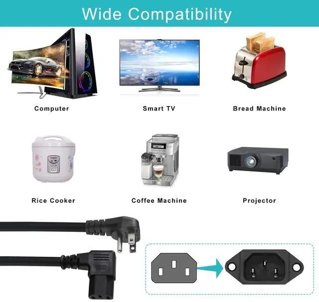 Alt view image 7 of 7 - 90 Degree Computer Power Cord - 10FT Flat Low Profile Angled NEMA 5-15 Plug to IEC C13 Power Cord,Universal PC Power Supply Cord, 16AWG, Black C13 3 Prong Angled AC Power Cord for PC Monitor/TV (10FT)