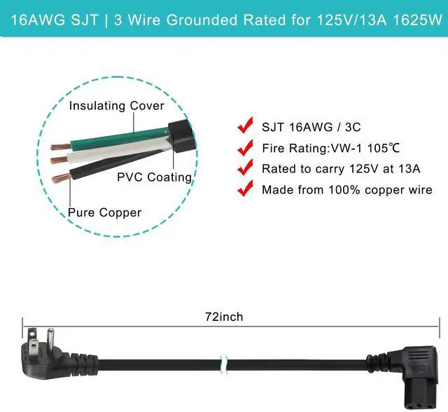 Alt view image 3 of 6 - 90 Degree Computer Power Cord - 6FT Right Angle IEC Power Cord, Universal PC Power Supply Cord, 16AWG, Black NEMA 5-15P Angle Type to C13 3 Prong Angled AC Power Cord for PC/Wall Mounting TV (6FT)