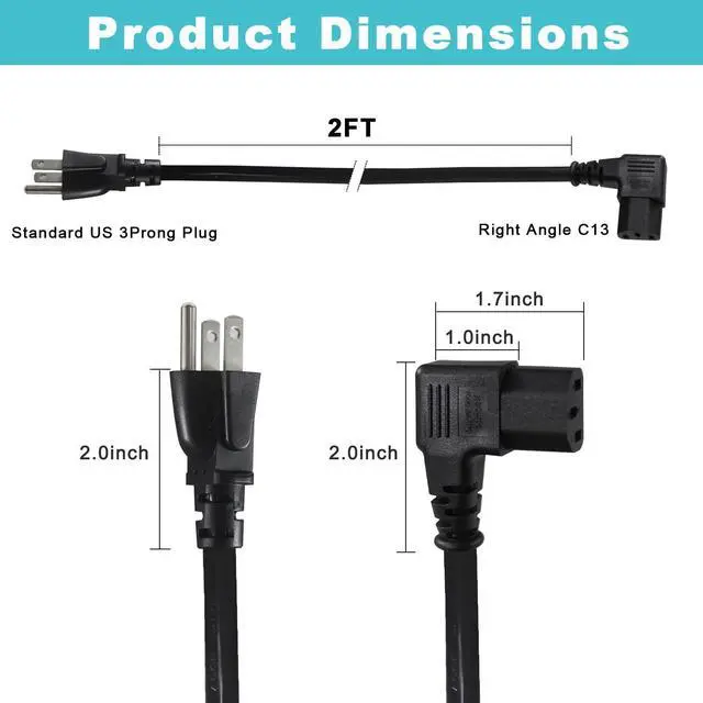 Alt view image 2 of 7 - 2FT 90 Degree Computer Monitor Power Cord - Straight Plug NEMA 5-15P to Right Angle C13 Power Cord, 13A 125V, 16AWG, Black Replacement Angled Printer/TV 3 Prong AC Power Cord, PC Power Supply Cable