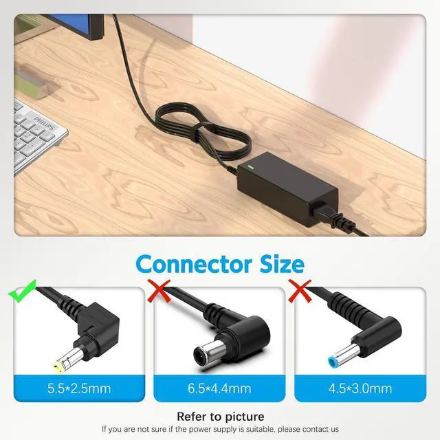 Alt view image 4 of 6 - 19V Power Cord Compatible with HP Monitor 20" 21.5" 23" 23.8" 25" 27"; 22cwa 25vx 22bw 23bw 23cw 24ea 24es 25bw 25es 25xw 27bw 27xi 27er Power Supply IPS LED Backlit Full HD Display
