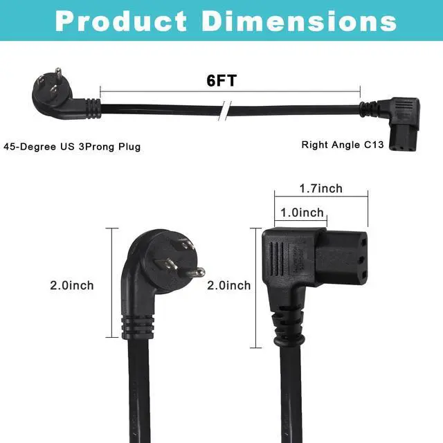 Alt view image 2 of 7 - 6FT Replacement Computer Monitor Power Cord - Low Profile Flat Plug NEMA 5-15P to Right Angle C13 Power Cord, 13A 125V, 16AWG, Black Replacement Printer/TV/PC 3 Prong AC Power Cord