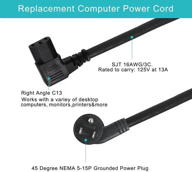 Alt view image 6 of 7 - 6FT Replacement Computer Monitor Power Cord - Low Profile Flat Plug NEMA 5-15P to Right Angle C13 Power Cord, 13A 125V, 16AWG, Black Replacement Printer/TV/PC 3 Prong AC Power Cord