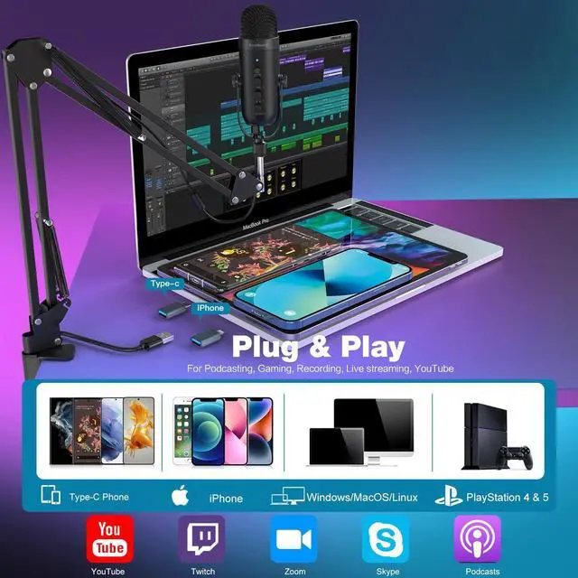 Alt view image 2 of 7 - Gaming Microphone for PC, USB Podcast Microphone with Noise Reduction, Mute & Gain Control, Zero-Latency Monitoring, Echo Control, Boom Arm, for Mac, iPhone, Stream, YouTube, TikTok, Discord