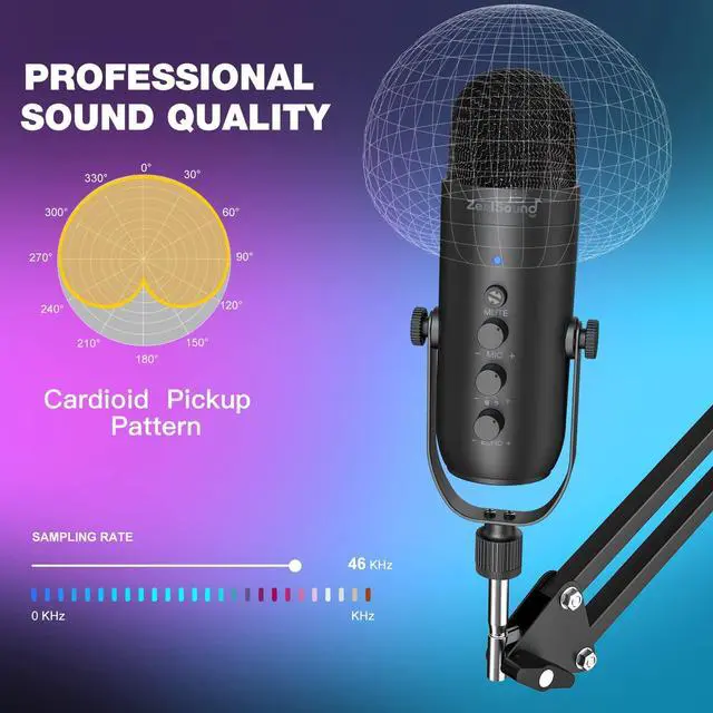Alt view image 3 of 7 - Gaming Microphone for PC, USB Podcast Microphone with Noise Reduction, Mute & Gain Control, Zero-Latency Monitoring, Echo Control, Boom Arm, for Mac, iPhone, Stream, YouTube, TikTok, Discord