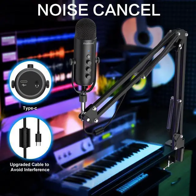 Alt view image 4 of 7 - Gaming Microphone for PC, USB Podcast Microphone with Noise Reduction, Mute & Gain Control, Zero-Latency Monitoring, Echo Control, Boom Arm, for Mac, iPhone, Stream, YouTube, TikTok, Discord