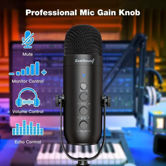 Alt view image 5 of 7 - Gaming Microphone for PC, USB Podcast Microphone with Noise Reduction, Mute & Gain Control, Zero-Latency Monitoring, Echo Control, Boom Arm, for Mac, iPhone, Stream, YouTube, TikTok, Discord