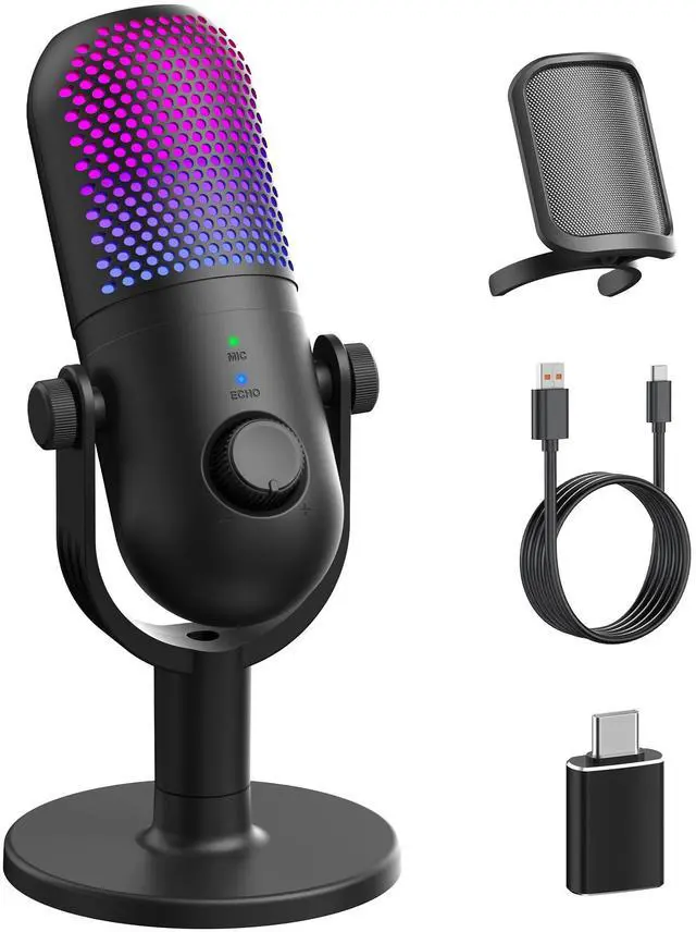 Main image of USB Microphone for PC Gaming: Condenser Microphone RGB for Gamer with Stand Mic - Recording Mic for Computer&Laptop with Qiuck Mute - Desk Podcast Mic for Podcast & Singing & Streaming & Youtube Black