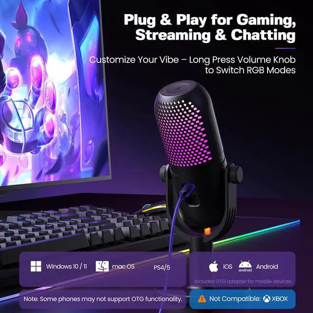 Alt view image 5 of 7 - USB Microphone for PC Gaming: Condenser Microphone RGB for Gamer with Stand Mic - Recording Mic for Computer&Laptop with Qiuck Mute - Desk Podcast Mic for Podcast & Singing & Streaming & Youtube Black