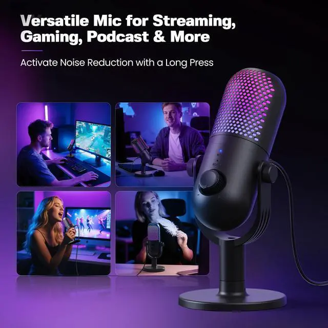 Alt view image 7 of 7 - USB Microphone for PC Gaming: Condenser Microphone RGB for Gamer with Stand Mic - Recording Mic for Computer&Laptop with Qiuck Mute - Desk Podcast Mic for Podcast & Singing & Streaming & Youtube Black