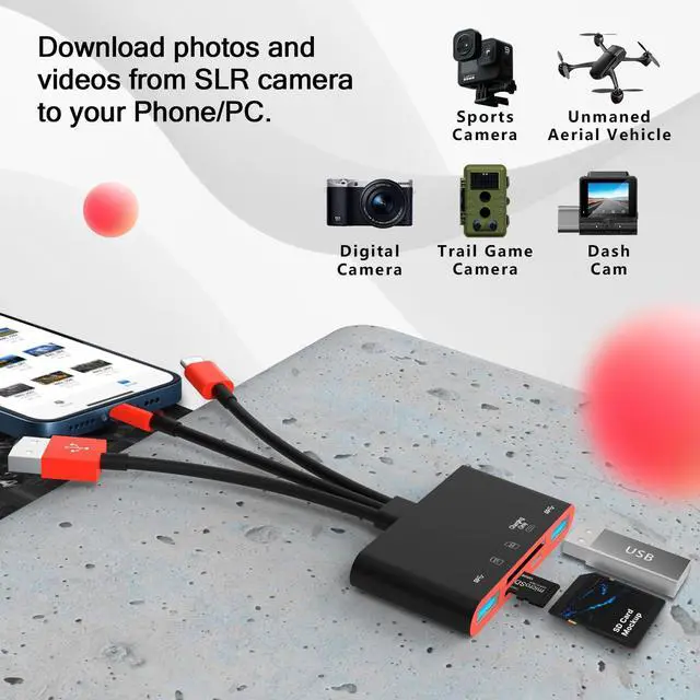 Alt view image 2 of 6 - 5-in-1 Memory Card Reader, USB OTG Adapter & SD Card Reader for i-Phone/i-Pad, USB C and USB A Devices with Micro SD & SD Card Slots, Supports SD/Micro SD/SDHC/SDXC/MMC(BlackRed)