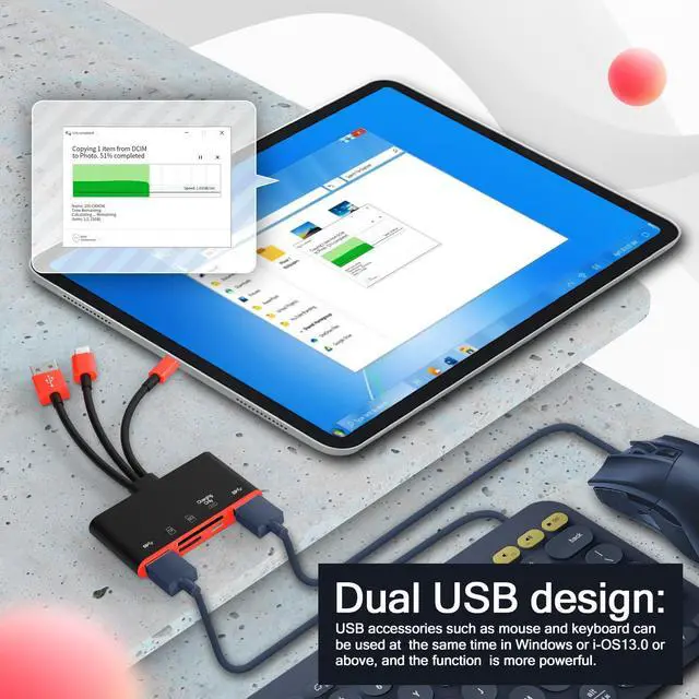 Alt view image 3 of 6 - 5-in-1 Memory Card Reader, USB OTG Adapter & SD Card Reader for i-Phone/i-Pad, USB C and USB A Devices with Micro SD & SD Card Slots, Supports SD/Micro SD/SDHC/SDXC/MMC(BlackRed)