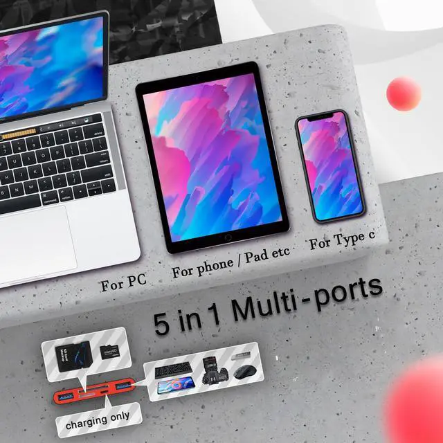 Alt view image 4 of 6 - 5-in-1 Memory Card Reader, USB OTG Adapter & SD Card Reader for i-Phone/i-Pad, USB C and USB A Devices with Micro SD & SD Card Slots, Supports SD/Micro SD/SDHC/SDXC/MMC(BlackRed)