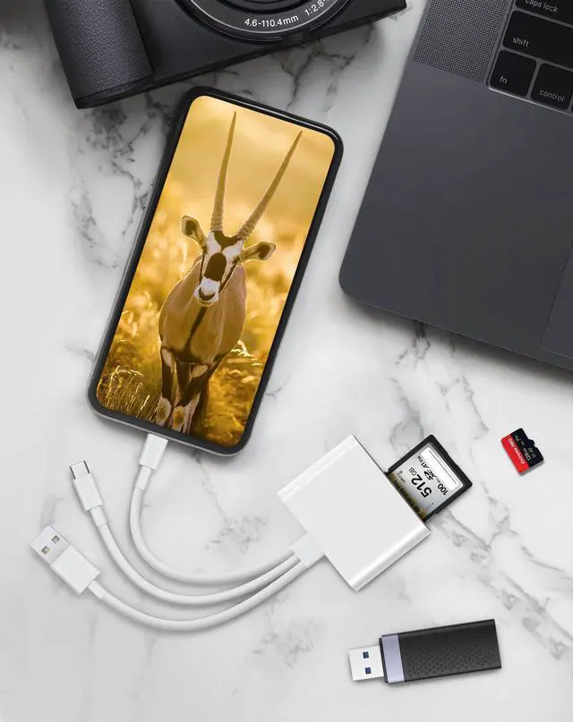 Alt view image 2 of 7 - SD Card Reader for iPhone iPad Mac, Lightening & USB-C & USB-A 3 in 1 Memory SD Card Adapter, Support SD/MicroSD/USB OTG, High-Speed Trail Camera Card Viewer,Portable No App Plug & Play