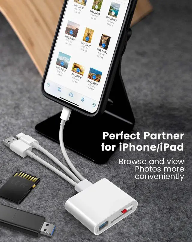Alt view image 6 of 7 - SD Card Reader for iPhone iPad Mac, Lightening & USB-C & USB-A 3 in 1 Memory SD Card Adapter, Support SD/MicroSD/USB OTG, High-Speed Trail Camera Card Viewer,Portable No App Plug & Play
