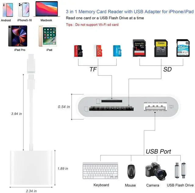 Alt view image 2 of 6 - SD Card Reader for iPhone, Memory Card Reader with USB Camera Adapter Plug and Play Trail Game Camera Viewer Supports SD and TF Card MicroSD Card Adapter for iPad No App Required