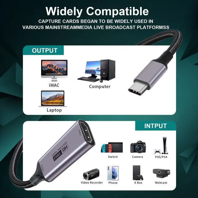 Alt view image 2 of 7 - Video Capture Card, 4K HDMI to USB C 3.0 Capture Card, 1080P HD 60fps Live and Record Video Audio Grabber for Gaming, Streaming, Teaching, Video Conference