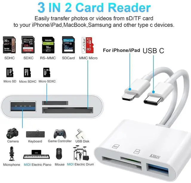 Alt view image 2 of 7 - SD Card Reader for iPhone iPad, Trail Camera SD TF Micro SD Card Reader Adapter Memory Card Reader for Micro SDXC,Micro SDHC,SDXC,SDHC,SD Cards,USB Disk, for iPhone 16/iPhone 15/iPad/MacBook/Samsung