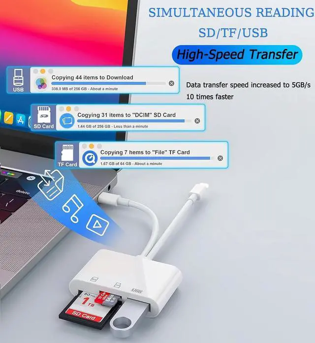 Alt view image 4 of 7 - SD Card Reader for iPhone iPad, Trail Camera SD TF Micro SD Card Reader Adapter Memory Card Reader for Micro SDXC,Micro SDHC,SDXC,SDHC,SD Cards,USB Disk, for iPhone 16/iPhone 15/iPad/MacBook/Samsung