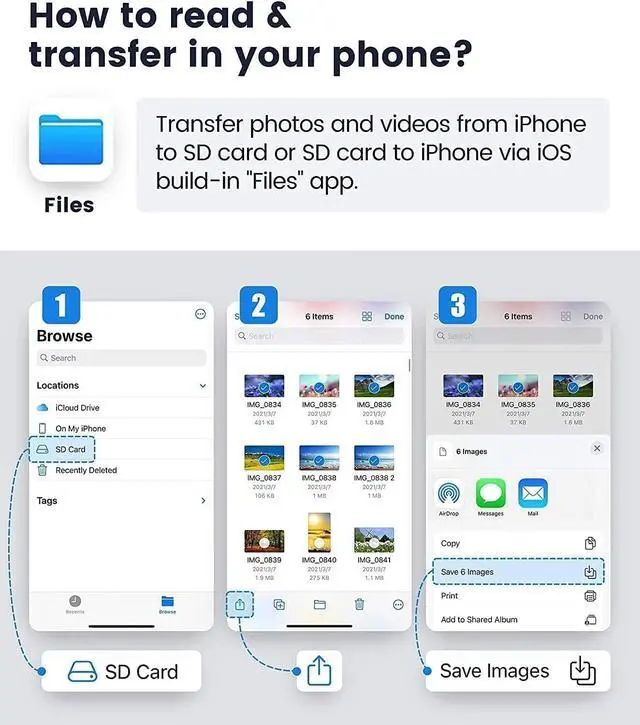 Alt view image 7 of 7 - SD Card Reader for iPhone iPad, Trail Camera SD TF Micro SD Card Reader Adapter Memory Card Reader for Micro SDXC,Micro SDHC,SDXC,SDHC,SD Cards,USB Disk, for iPhone 16/iPhone 15/iPad/MacBook/Samsung