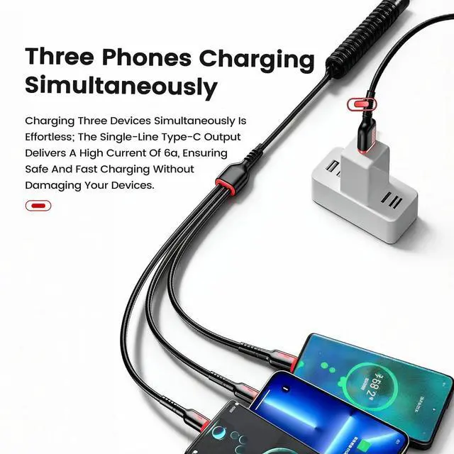 Alt view image 4 of 7 - 3-in-1 USB Spring Charging Cable USB-A Male to Type-C/Micro USB/Lightning Male 3-in-1 Spring Data Cable for Car Charging,Mobile Phones,Tablets,Laptops,etc(5.91 FT)(1.8m)