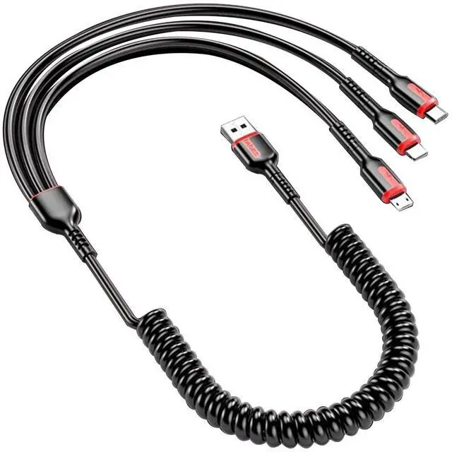 Main image of 3-in-1 USB Spring Charging Cable USB-A Male to Type-C/Micro USB/Lightning Male 3-in-1 Spring Data Cable for Car Charging,Mobile Phones,Tablets,Laptops,etc(5.91 FT)(1.8m)