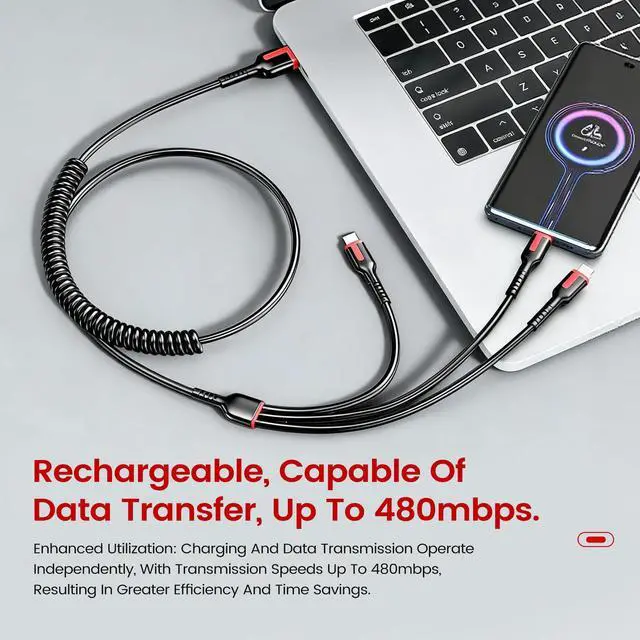 Alt view image 3 of 7 - 3-in-1 USB Spring Charging Cable USB-A Male to Type-C/Micro USB/Lightning Male 3-in-1 Spring Data Cable for Car Charging,Mobile Phones,Tablets,Laptops,etc(5.91 FT)(1.8m)