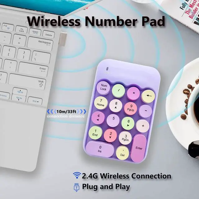 Alt view image 2 of 7 - Wireless Number Pad, Ergonomic Cute Colorful Retro Mini Portable Numeric Keypad, 2.4G Cordless External Keyboard for Computer, Laptop (Purple)