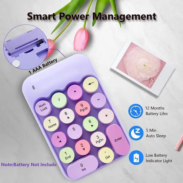 Alt view image 4 of 7 - Wireless Number Pad, Ergonomic Cute Colorful Retro Mini Portable Numeric Keypad, 2.4G Cordless External Keyboard for Computer, Laptop (Purple)
