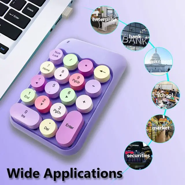 Alt view image 5 of 7 - Wireless Number Pad, Ergonomic Cute Colorful Retro Mini Portable Numeric Keypad, 2.4G Cordless External Keyboard for Computer, Laptop (Purple)