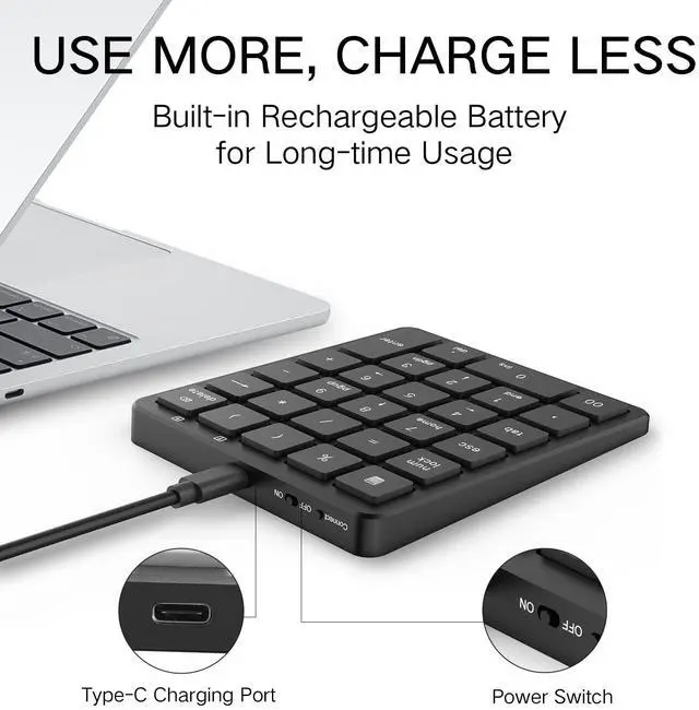 Alt view image 6 of 7 - Wireless Number Pad, Cute 18 Keys Numeric Keypad with 2.4G Mini USB Receiver, Portable Silent Number Numpad Financial Accounting for Laptop, PC, Notebook, Desktop, Surface - Black Mix