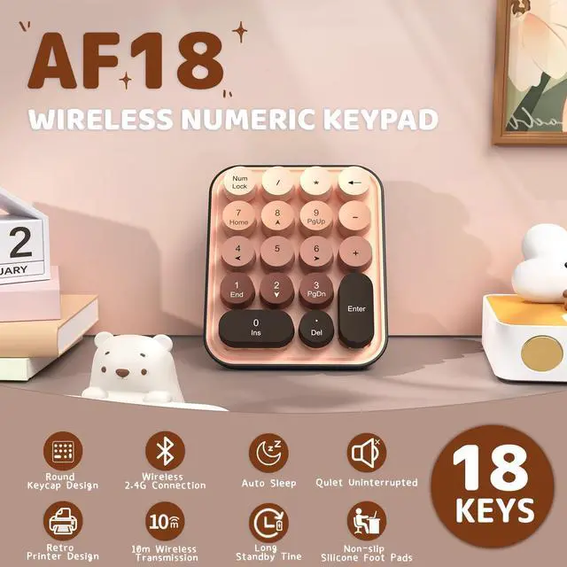 Alt view image 2 of 7 - AF18 Wireless Numeric Keypad, 2.4G USB Wireless Connection, Ergonomic 18-Key Compact Silicone Bear Design, Gradient Keycaps, Detachable & Portable Number Pad for PC, Laptop Milk Tea