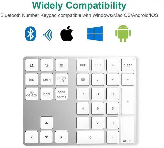 Alt view image 2 of 7 - Bluetooth Numeric Keypad with Multiple Shortcuts 34-Keys Number Pad Wireless Portable Slim Number Pad for iPad/Mac/Laptop/PC Compatible with Windows Android iOS System