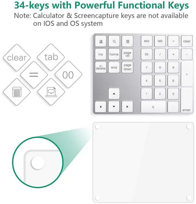 Alt view image 3 of 7 - Bluetooth Numeric Keypad with Multiple Shortcuts 34-Keys Number Pad Wireless Portable Slim Number Pad for iPad/Mac/Laptop/PC Compatible with Windows Android iOS System