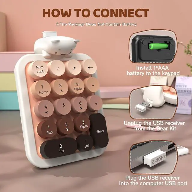 Alt view image 5 of 7 - AF18 Wireless Numeric Keypad, 2.4G USB Wireless Connection, Ergonomic 18-Key Compact Silicone Bear Design, Gradient Keycaps, Detachable & Portable Number Pad for PC, Laptop Milk Tea