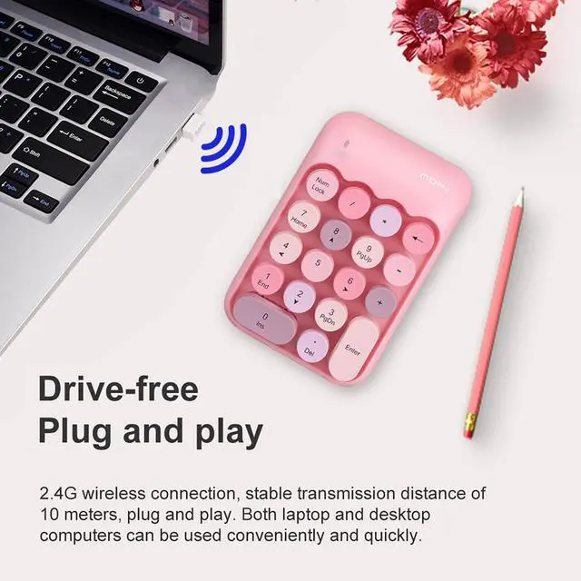 Alt view image 4 of 7 - Wireless Numeric Keypad with 2.4G USB Receiver, Cute Colorful Round Keycaps, Portable Financial Accounting Numpad Number Keyboard, Suitable for PC, Laptop (Pink)