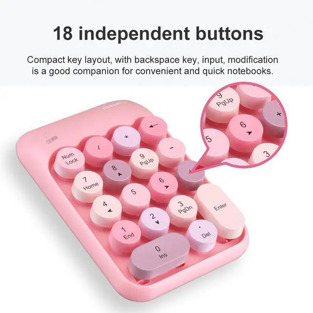 Alt view image 5 of 7 - Wireless Numeric Keypad with 2.4G USB Receiver, Cute Colorful Round Keycaps, Portable Financial Accounting Numpad Number Keyboard, Suitable for PC, Laptop (Pink)