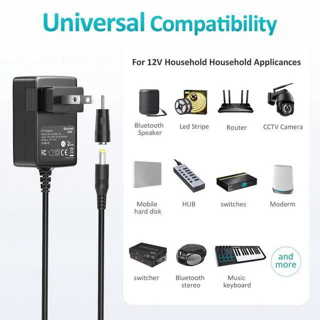 Alt view image 3 of 7 - Universal AC Adapter 12V 2A DC Power Supply Center Positive 12 Volt 2 Amp 1.5A 1A 500ma 300ma Charger Power Cord for TV Box Tablet Speaker GPS Webcam Router Alarm Clock