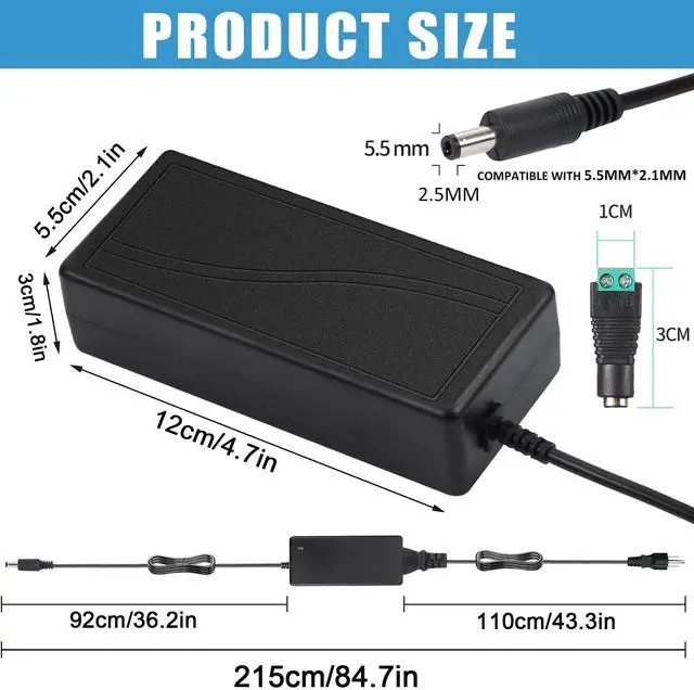 Alt view image 4 of 7 - 12 Volt 6 Amp Power Supply Adapter,12V 6A 72W US Plug DC Power Supply 5A 4A 3A 2A 1A Adapter with 5.5mm x 2.1mm-2.5mm Output Jack 12V AC/DC Adapter Transformer for LED Strip Light Printer Camera CCTV