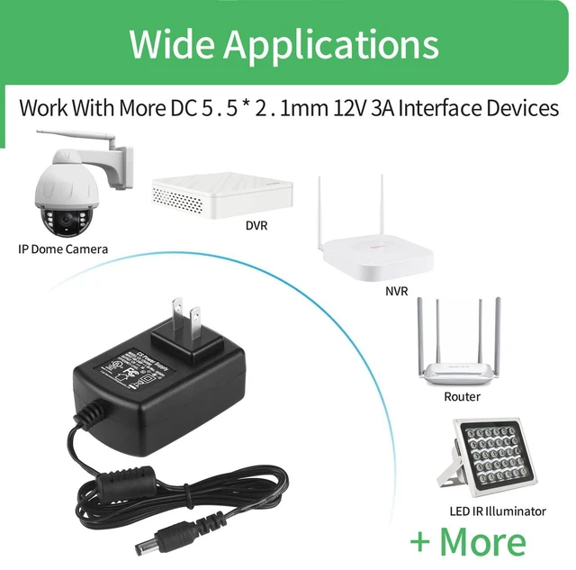 Alt view image 6 of 7 - 12V 3A Security Camera Power Supply Adapter with 8 Way Splitter Cable 100V-240V 2.1x5.5mm Power Supply Compatible with Lorex, Samsung, Q-See, Night Owl, Swann, Annke IP and BNC Cameras