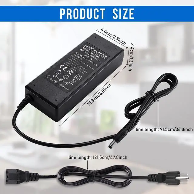 Alt view image 2 of 7 - 3 Prong DC 12V 8A Power Supply Adapter, 96W AC 100V-240V to DC 12V 8A Transformer, 12V-8A Switching Adapter AC/DC Converter, AC/DC Transformer for LED Strip Lights, CCTV Camera, 3D Scanner