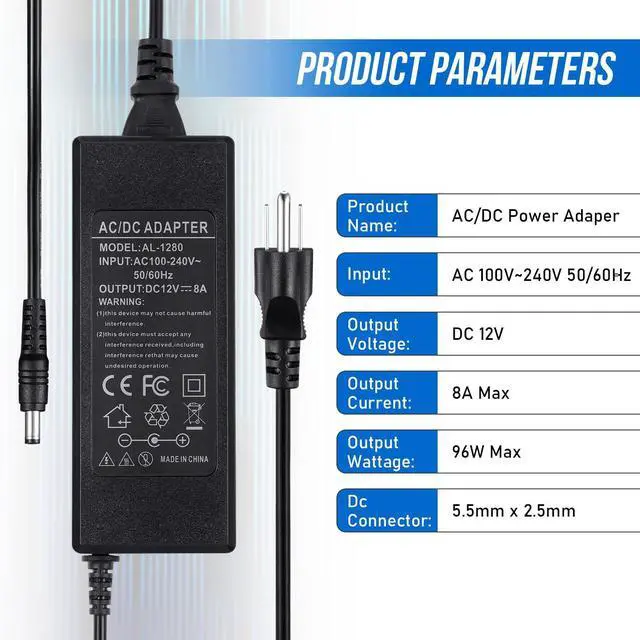 Alt view image 3 of 7 - 3 Prong DC 12V 8A Power Supply Adapter, 96W AC 100V-240V to DC 12V 8A Transformer, 12V-8A Switching Adapter AC/DC Converter, AC/DC Transformer for LED Strip Lights, CCTV Camera, 3D Scanner