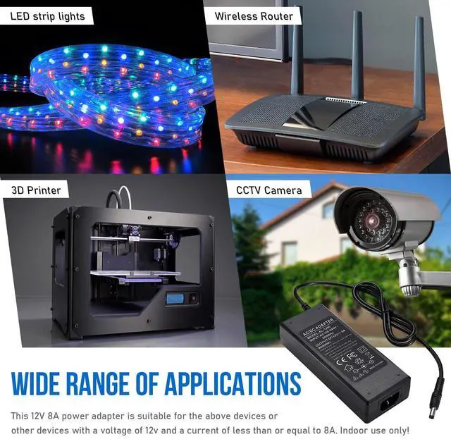 Alt view image 5 of 7 - 3 Prong DC 12V 8A Power Supply Adapter, 96W AC 100V-240V to DC 12V 8A Transformer, 12V-8A Switching Adapter AC/DC Converter, AC/DC Transformer for LED Strip Lights, CCTV Camera, 3D Scanner