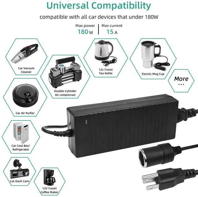 Alt view image 3 of 7 - AC to DC Converter, 12V 15A Power Supply Adapter Transformer, AC 100V~240V 180W 60Hz, Car Cigarette Lighter Socket Adapter for Vehicles, with Overload | Short-Circuit Protection