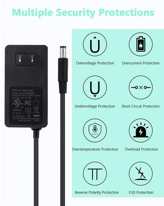 Alt view image 2 of 6 - 12V 5A DC Power Supply Adapter,UL Listed 12V 60W Power Supply with 5.5x2.1mm Plug&LED Plug,100V-240V 50-60Hz AC/DC Power Adapter 12 Volt 5Amp Power Supply for LED Strip Lights CCTV Camera