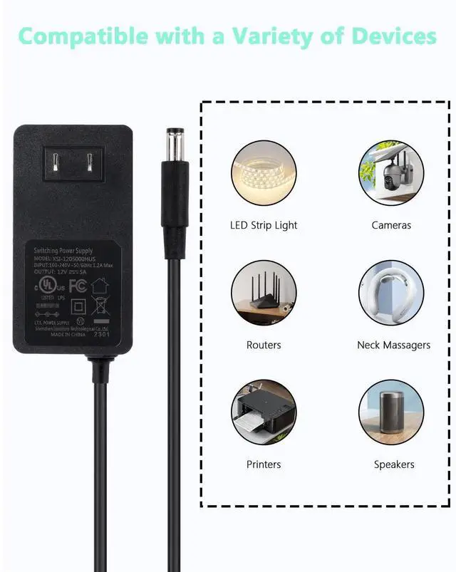 Alt view image 4 of 6 - 12V 5A DC Power Supply Adapter,UL Listed 12V 60W Power Supply with 5.5x2.1mm Plug&LED Plug,100V-240V 50-60Hz AC/DC Power Adapter 12 Volt 5Amp Power Supply for LED Strip Lights CCTV Camera